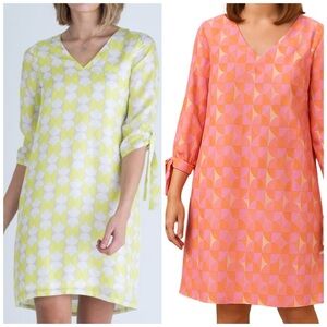 Vilagallo Arken Silk Dress Geometric Print V Neck Long Sleeve Mod Retro